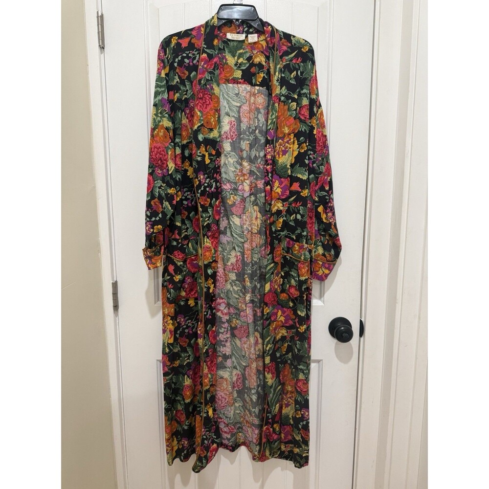 Vtg Victoria’s Secret Gold Label Black Floral Robe OS Retro Kimono